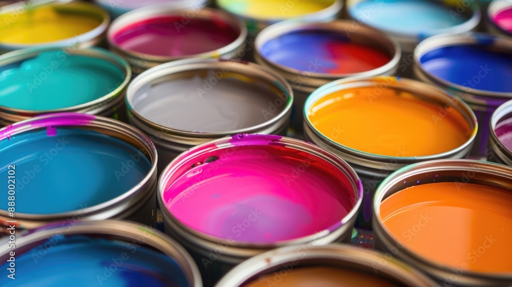 Rows of colorful paint cans. Rows of colorful paint cans.
