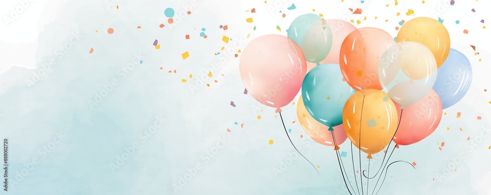 Fototapeta premium Balloons, party scene with confetti, vibrant and festive, watercolor style