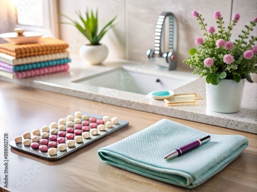 A serene and organized bathroom countertop with a fitness tracker, birth control pills, and a self-care journal, symbolizing a woman's commitment to her health and wellness. photo