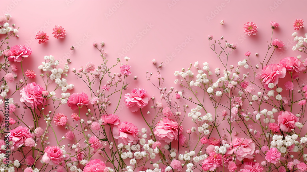 A beautiful arrangement of pink and white flowers against a pastel pink background. The flowers include roses, baby's breath, and other small blossoms, creating a delicate and romantic scene. A beautiful arrangement of pink and white flowers against a pastel pink background. The flowers include roses, baby's breath, and other small blossoms, creating a delicate and romantic scene.