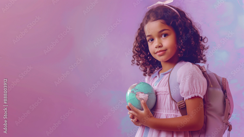 Naklejka premium A beautiful young girl with curly hair, holding a globe, and wearing a backpack. The image is set against a soft pink background. Ideal for education and travel themes