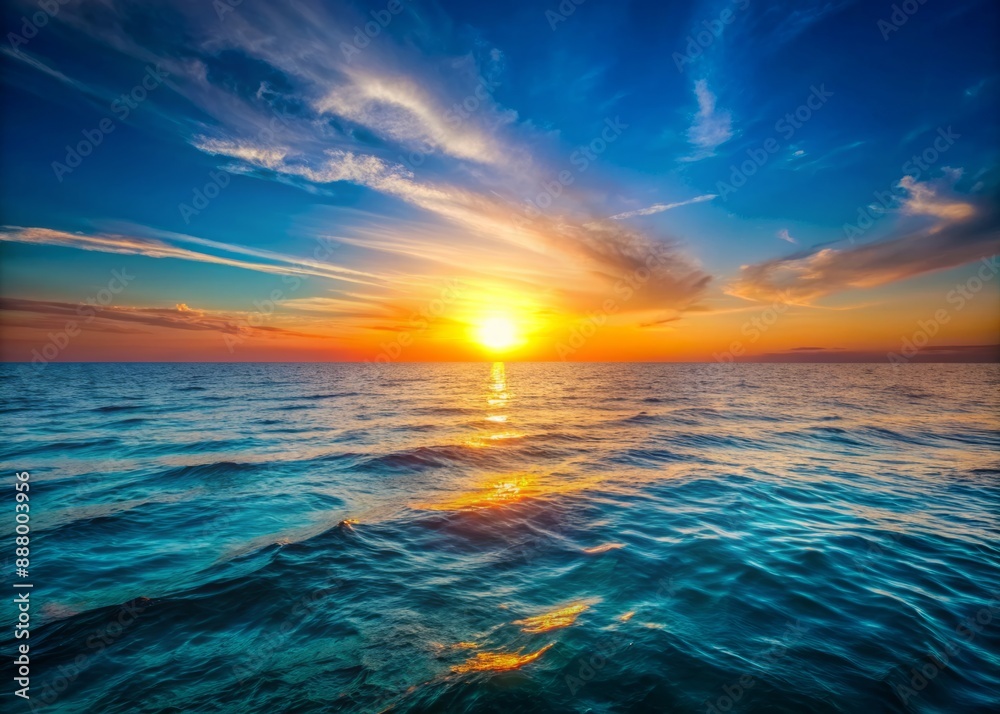 Obraz premium Clear blue sky sunset with glowing orange teal color horizon on calm ocean seascape background. Picturesque generative ai