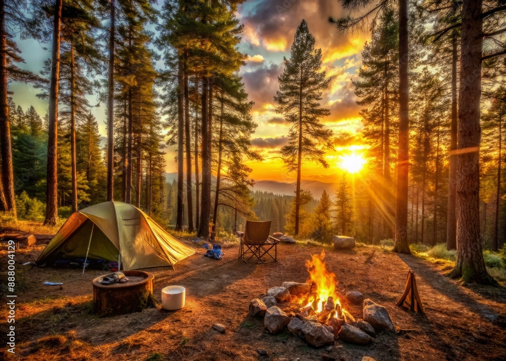 Golden sunset casts warm glow on serene forest landscape, surrounded by towering trees, with crackling open campfire and rustic camping gear in the foreground. Golden sunset casts warm glow on serene forest landscape, surrounded by towering trees, with crackling open campfire and rustic camping gear in the foreground.
