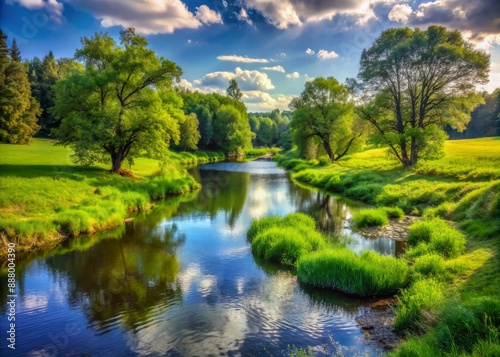 Tranquil nature view featuring meandering river through lush grassy landscape beauty with green trees and clear water ideal for capturing essence of peaceful outdoor environments of forest parks