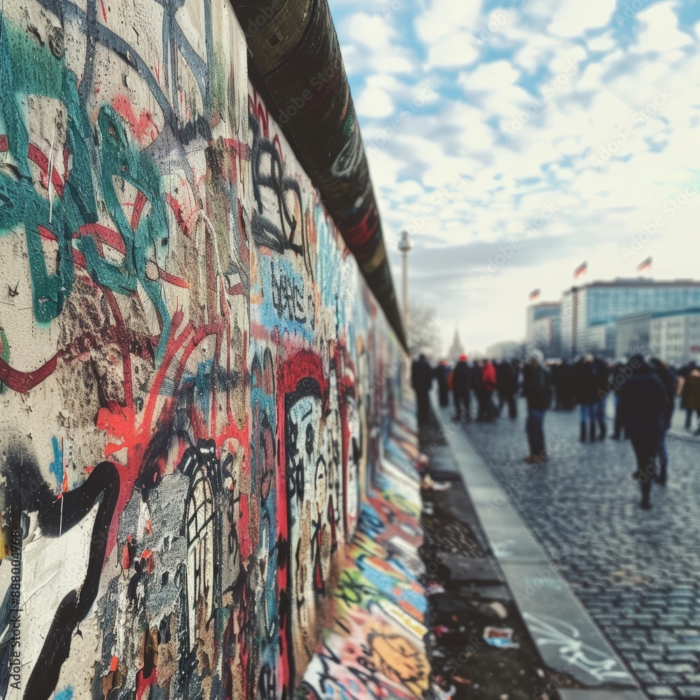 A detailed view of the Berlin Wall, featuring colorful graffiti and crowds rejoicing its collapse. A detailed view of the Berlin Wall, featuring colorful graffiti and crowds rejoicing its collapse.