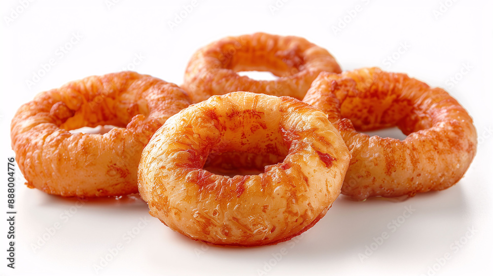 Four crispy, golden-brown onion rings with a light coating of batter, arranged on a white background. Four crispy, golden-brown onion rings with a light coating of batter, arranged on a white background.