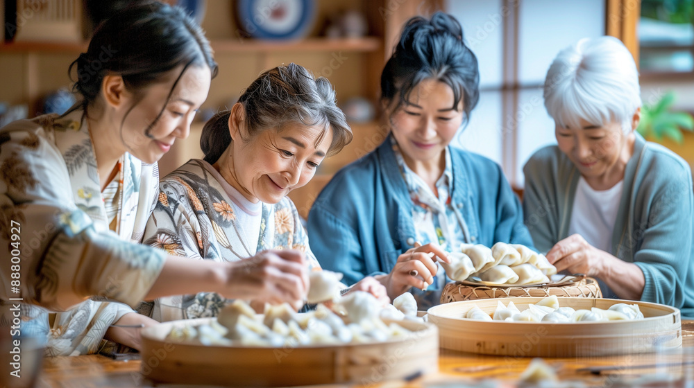 a Japanese family gathered around a table making gyoza (dumplings) together, with everyone participating in the cooking process, Families in Japan, Japanese culture, everyday life, a Japanese family gathered around a table making gyoza (dumplings) together, with everyone participating in the cooking process, Families in Japan, Japanese culture, everyday life,