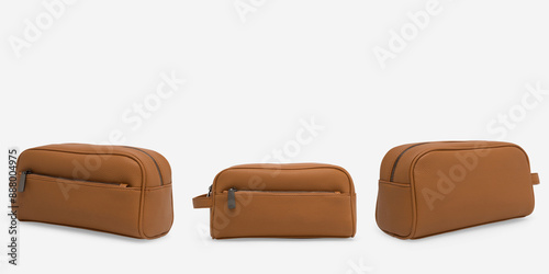 Collection set of Brown leather vanity case with zipper isolated on white background with shadow reflection. Cosmetic bag. Unisex toiletry wash bag. Clipping path Included. — jpeg photo formats. photo