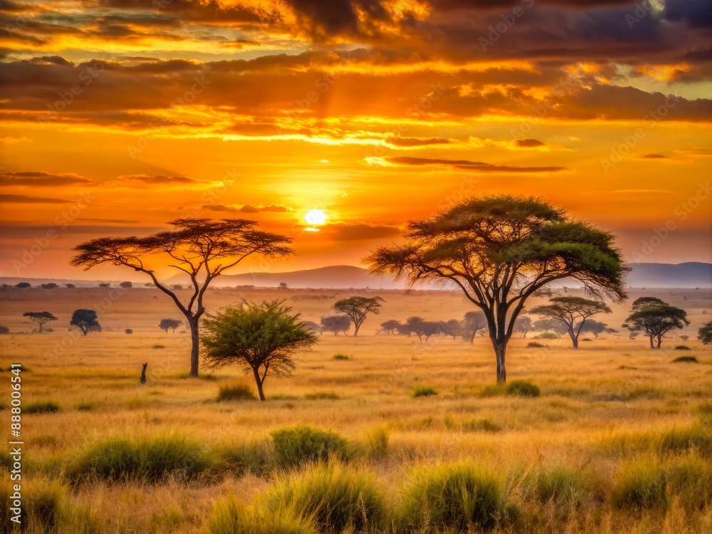 Vibrant orange sunrise casts warm glow over open grassy savannah, acacia trees scattered in distance, awaiting wildlife, serene African landscape at dawn. Vibrant orange sunrise casts warm glow over open grassy savannah, acacia trees scattered in distance, awaiting wildlife, serene African landscape at dawn.