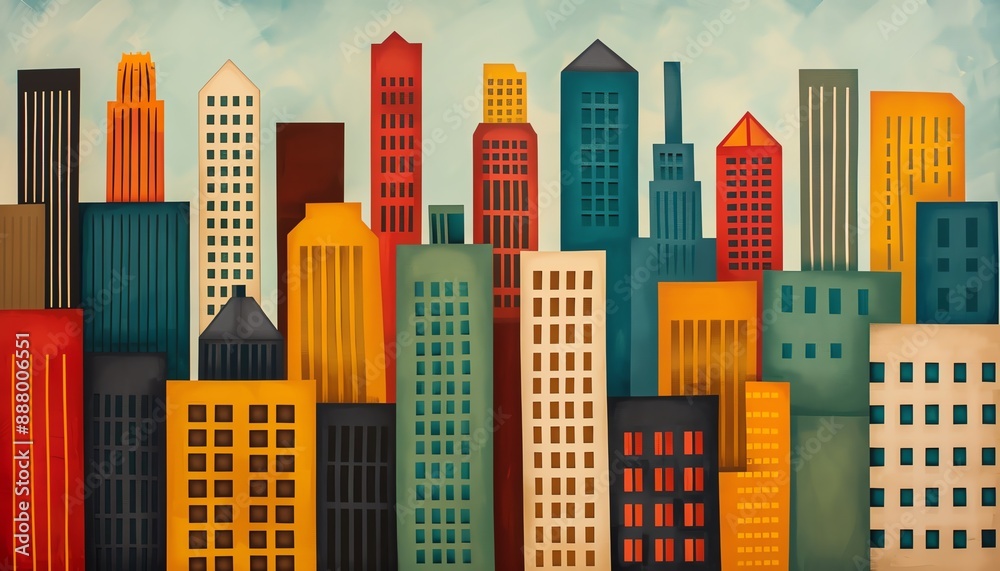Experience the romance of Art Deco architecture with this striking cityscape painting Skyscrapers adorned with intricate details rise like monuments to urban sophistication The pai
