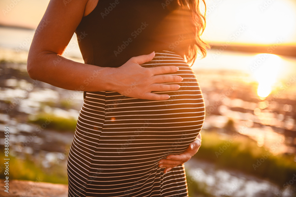 Fototapeta premium Silhouette of a pregnant woman at sunset. Concept of pregnancy, maternity, expectation for baby birth.