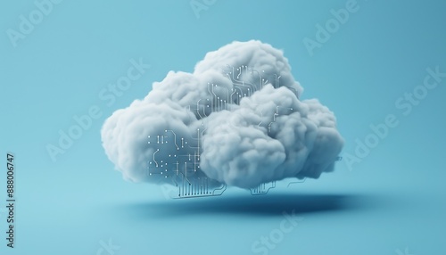 3D illustration of a digital cloud on a blue background, representing cloud computing, data storage, and modern technology concepts.