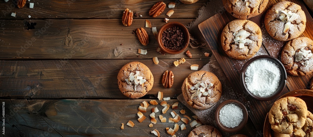 A cookie with coconut filling is displayed abundantly on a wooden surface surrounded by edible treats in an image with copy space A cookie with coconut filling is displayed abundantly on a wooden surface surrounded by edible treats in an image with copy space