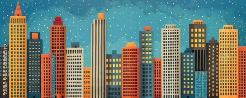 A vibrant art deco painting showcases a bustling cityscape during the heyday of Art Deco architecture Towering skyscrapers with geometric motifs rise against a starry night sky