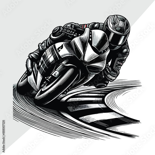 Hand drawing style of motorcycle race cornering isolated in white background