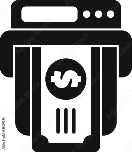 Black silhouette icon of an atm dispensing us dollar banknotes