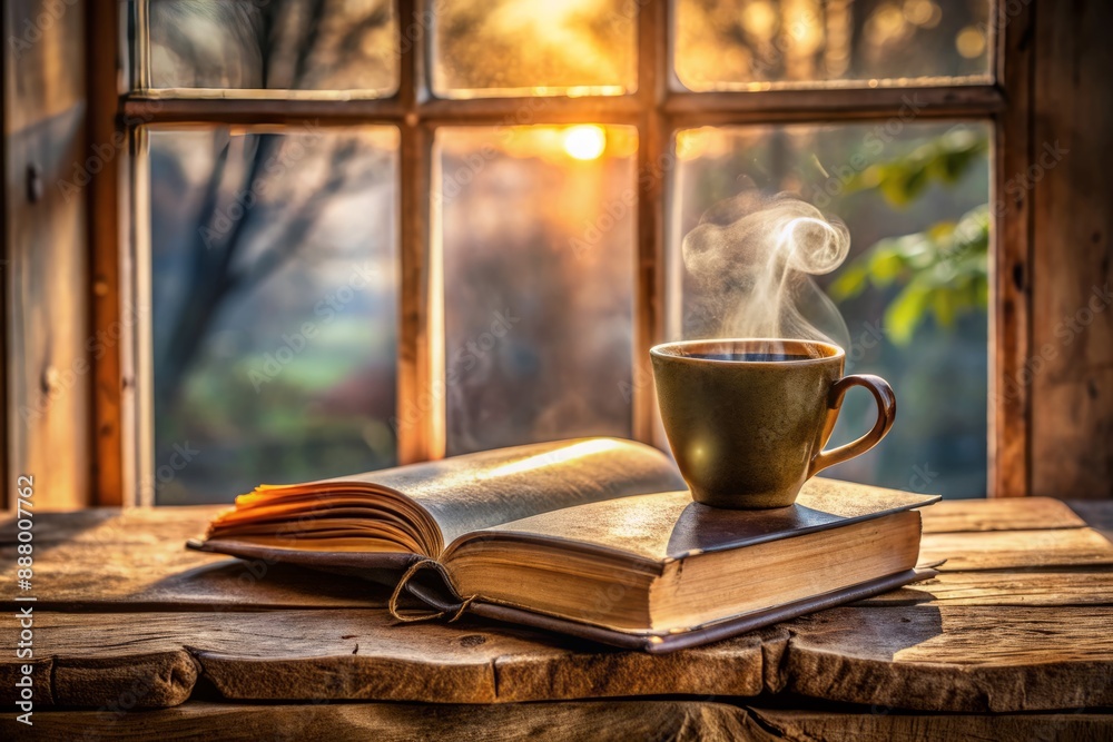 Warmly lit cup of steaming coffee rests on a worn leather-bound book, with a blurred windowpane subtly framing the peaceful morning scene. Warmly lit cup of steaming coffee rests on a worn leather-bound book, with a blurred windowpane subtly framing the peaceful morning scene.