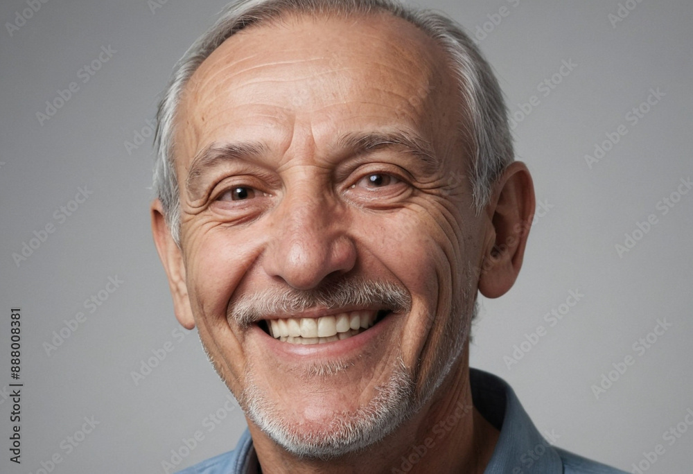 Fototapeta premium Portrait view of a regular happy smiling Bulgaria old man, ultra realistic, candid, social media, avatar image, plain solid background