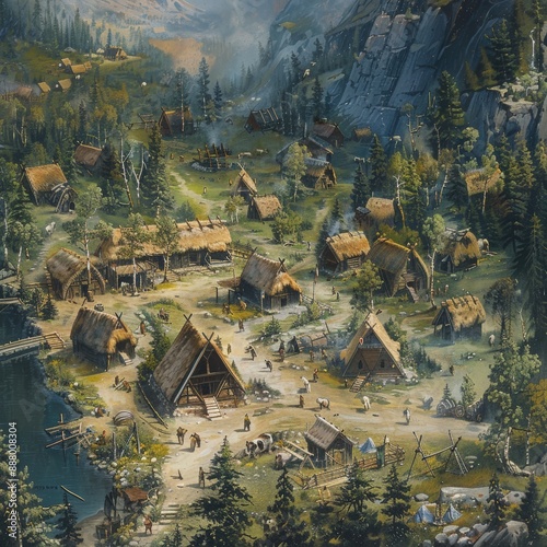 A detailed view of a Viking village with longhouses and daily life activities.