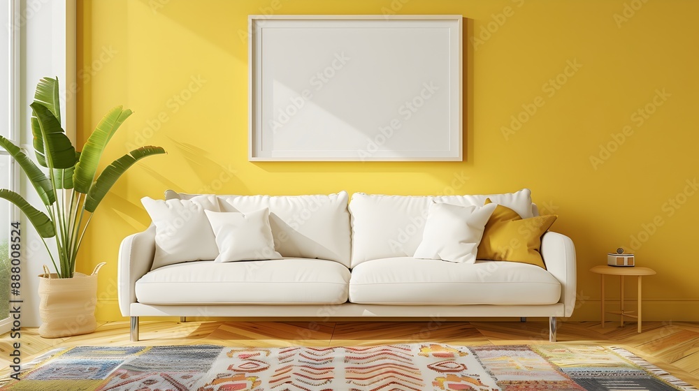 Fototapeta premium Minimalistic living room White poster frame mockup yellow wall, modern room blank painting furniture and potted plant
