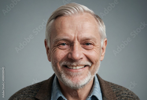 Portrait view of a regular happy smiling Iceland old man, ultra realistic, candid, social media, avatar image, plain solid background