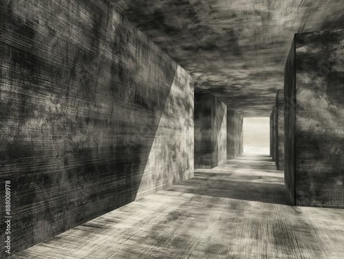 Abstract Grayscale Corridor with Dramatic Light and Shadows in Geometric Surreal Architecture

