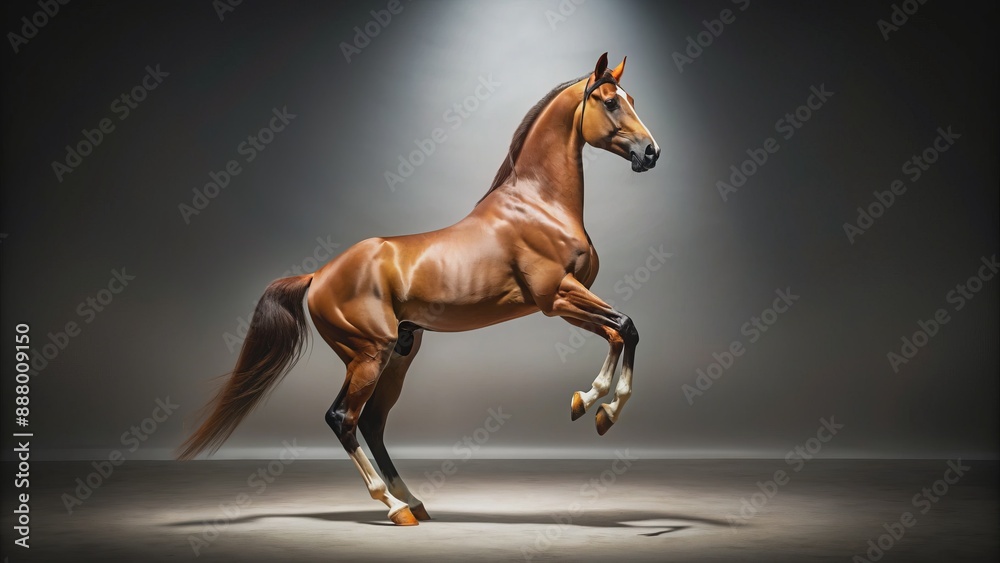 Majestic brown Akhaltekin horse breed stands on hind legs, showcasing strength and elegance, isolated on a pure white background with levada, highlighting its refined features. Majestic brown Akhaltekin horse breed stands on hind legs, showcasing strength and elegance, isolated on a pure white background with levada, highlighting its refined features.