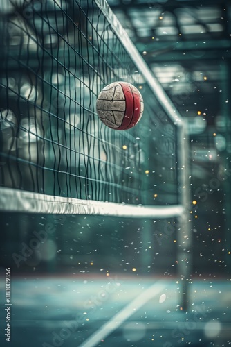 A Volleyball Suspended In Mid-Air Over a Net During a Game