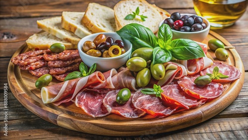 Vibrant antipasto platter arranged with artisanal cheeses, cured meats, crusty bread, and Cerignola olives, garnished with fresh basil and drizzled with olive oil.