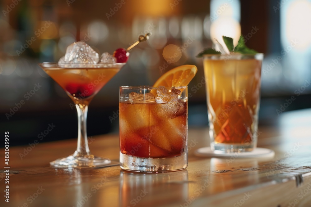 Three Cocktails on a Bar Counter Three Cocktails on a Bar Counter