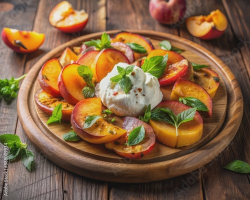 Freshly grilled peaches and creamy burrata cheese are artfully arranged on a rustic wooden plate with crispy prosciutto and a sprinkle of fresh mint leaves. photo