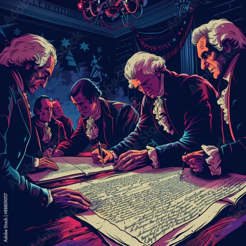 A stylized scene of the signing of the Declaration of Independence, with the founding fathers and historical details set against a classic backdrop.