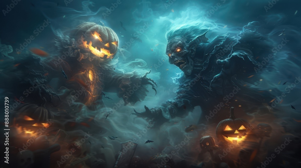 Spooky Halloween Duel: Witch vs. Vampire in Haunted Graveyard with Glowing Jack-o'-Lanterns and Eerie Fog Spooky Halloween Duel: Witch vs. Vampire in Haunted Graveyard with Glowing Jack-o'-Lanterns and Eerie Fog