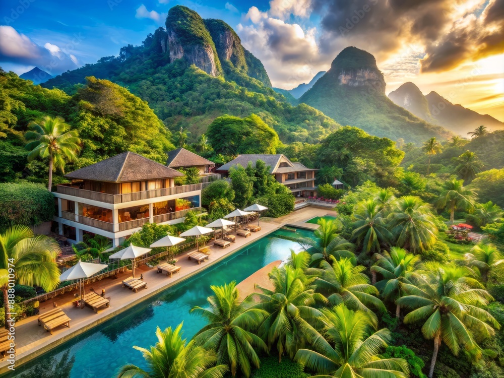 Naklejka premium Luxurious tropical resort with mountain view and lush greenery