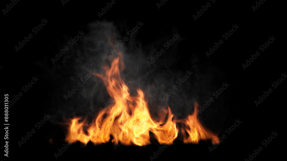 Fototapeta premium Dramatic Fire Flames with Dense Smoke: High-Quality Image Showcasing Intense Flames and Billowing Smoke, Perfect for Creating Realistic and Fiery Visual Effects in Various Media Projects.