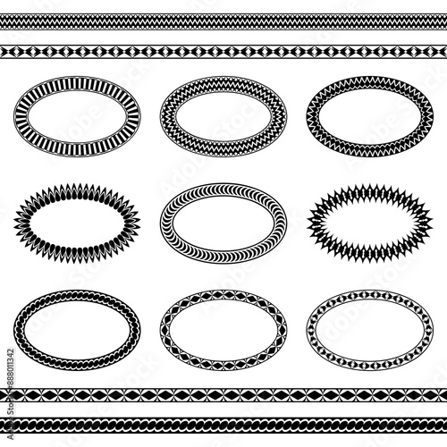 Collection of vector oval frames with simple geometric pattern and four seamless brushes. Set of isolated black ellipses. Templates for logo, vignette, label, frame. Brushes are included in the file
