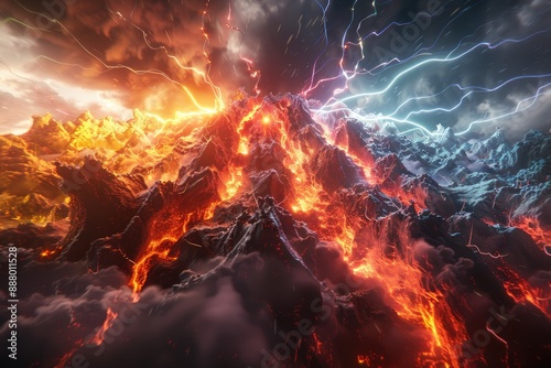 Fiery Volcanic Eruption with Lightning Storm photo