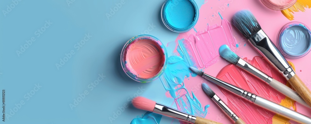 Shiny brushes and vibrant palettes in a minimalist, clean environment, detailed and vibrant, perfect for artistic tools Shiny brushes and vibrant palettes in a minimalist, clean environment, detailed and vibrant, perfect for artistic tools