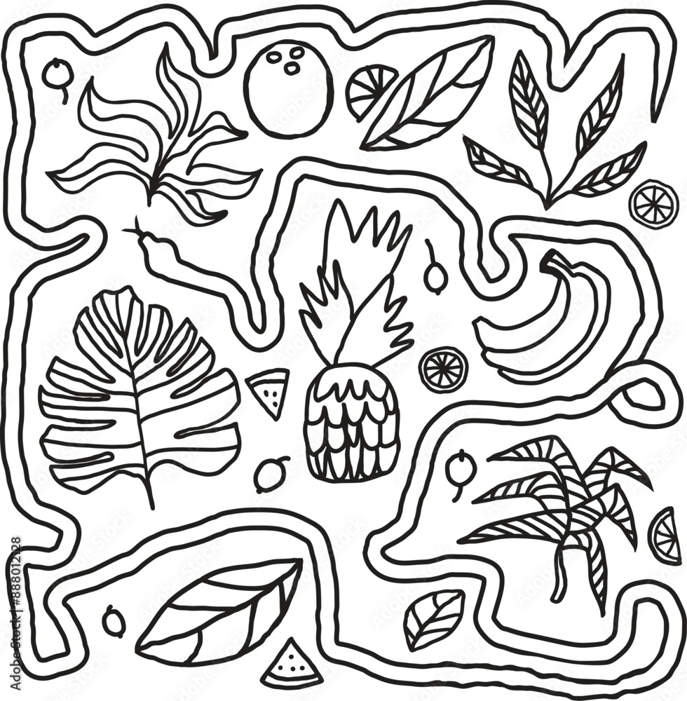 Fototapeta premium Hand drawn doodle with tropical exotic fruits, plants and snake.