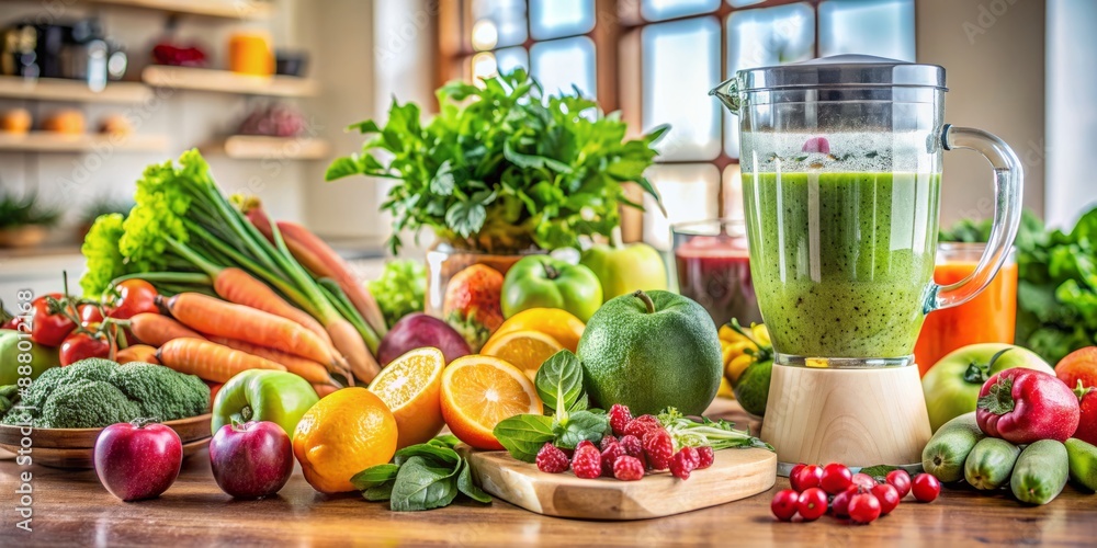 Freshly chopped colorful fruits and vegetables scatter the kitchen counter, surrounding a blender filled with vibrant greens and a glass of frothy smoothie. Freshly chopped colorful fruits and vegetables scatter the kitchen counter, surrounding a blender filled with vibrant greens and a glass of frothy smoothie.