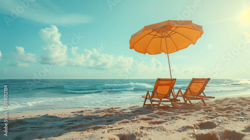 Beach umbrella with chairs on the sand photo