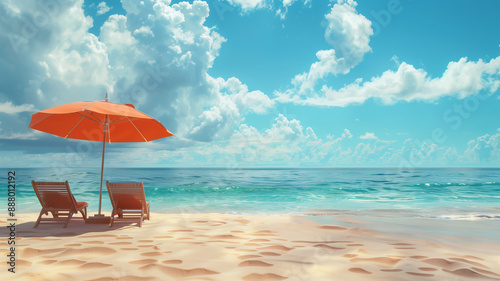 Beach umbrella with chairs on the sand photo