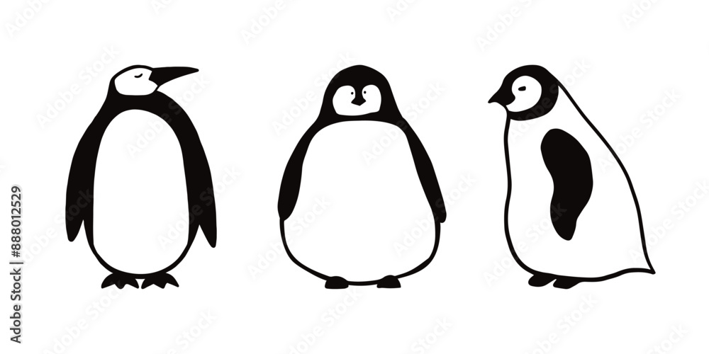 Obraz premium Black and white doodle illustrations of penguins. Penguin icon, penguin cartoon set. 