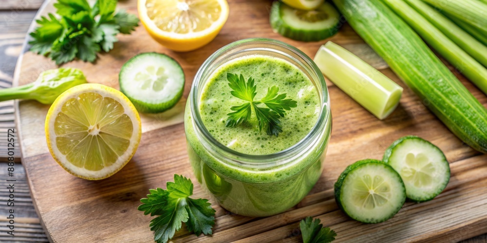 Fresh and healthy green smoothie with celery, cucumber, and lemon slices, served in a glass jar, overhead view on a clean surface with ample copy space. Fresh and healthy green smoothie with celery, cucumber, and lemon slices, served in a glass jar, overhead view on a clean surface with ample copy space.