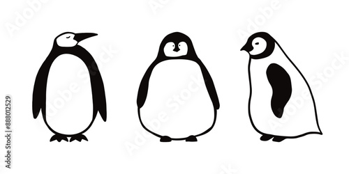 Black and white doodle illustrations of penguins. Penguin icon, penguin cartoon set. 