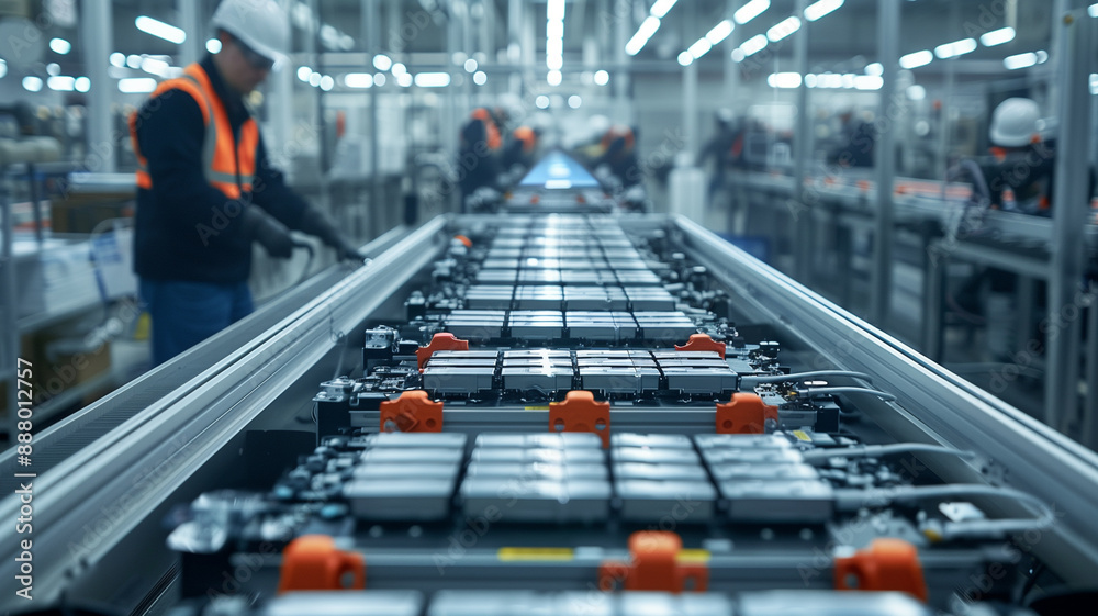 Technicians assembling advanced battery cells for electric vehicles in a high-tech factory