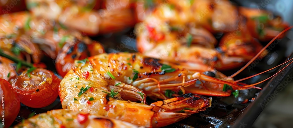 Copy space image of grilled prawns with garlic chili and tomatoes showcasing a close up view Copy space image of grilled prawns with garlic chili and tomatoes showcasing a close up view