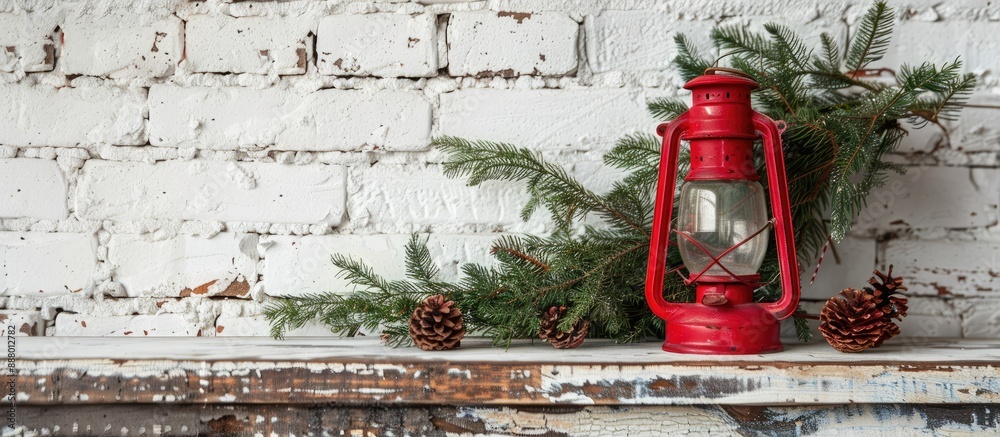 Rustic Christmas decor featuring spruce twigs and a red lantern on an antique shelf against a white brick wall with room for text or a logo in the image. Copy space image Rustic Christmas decor featuring spruce twigs and a red lantern on an antique shelf against a white brick wall with room for text or a logo in the image. Copy space image