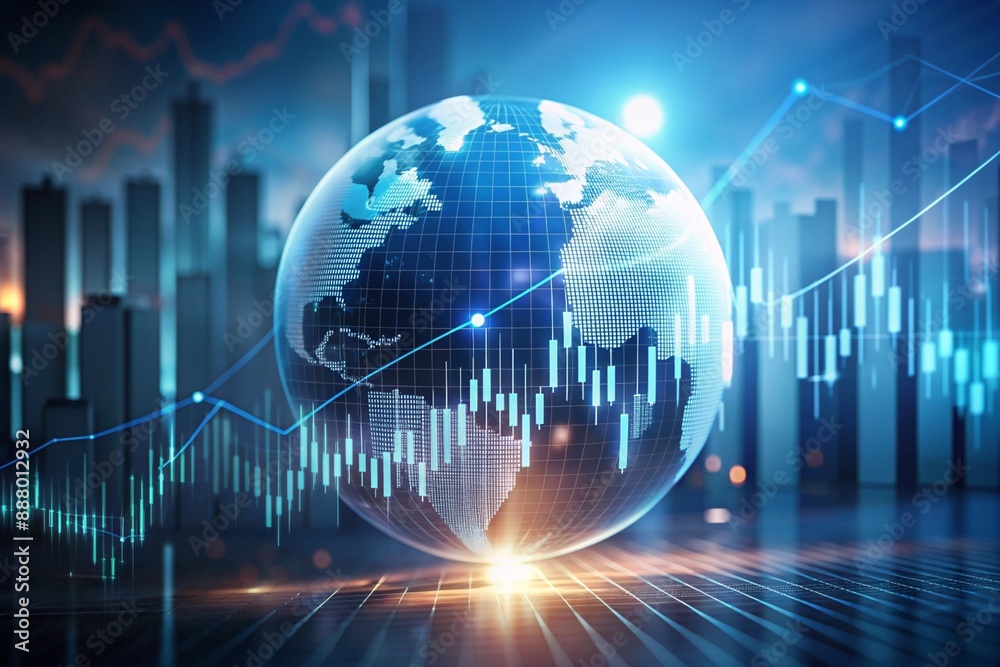 Abstract digital business chart with a globe overlay on a blurry background Abstract digital business chart with a globe overlay on a blurry background