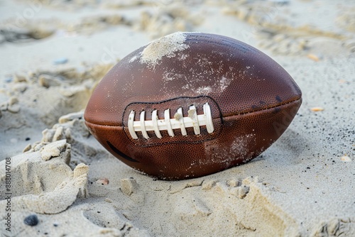 A brown leather football rests on a sandy beach photo